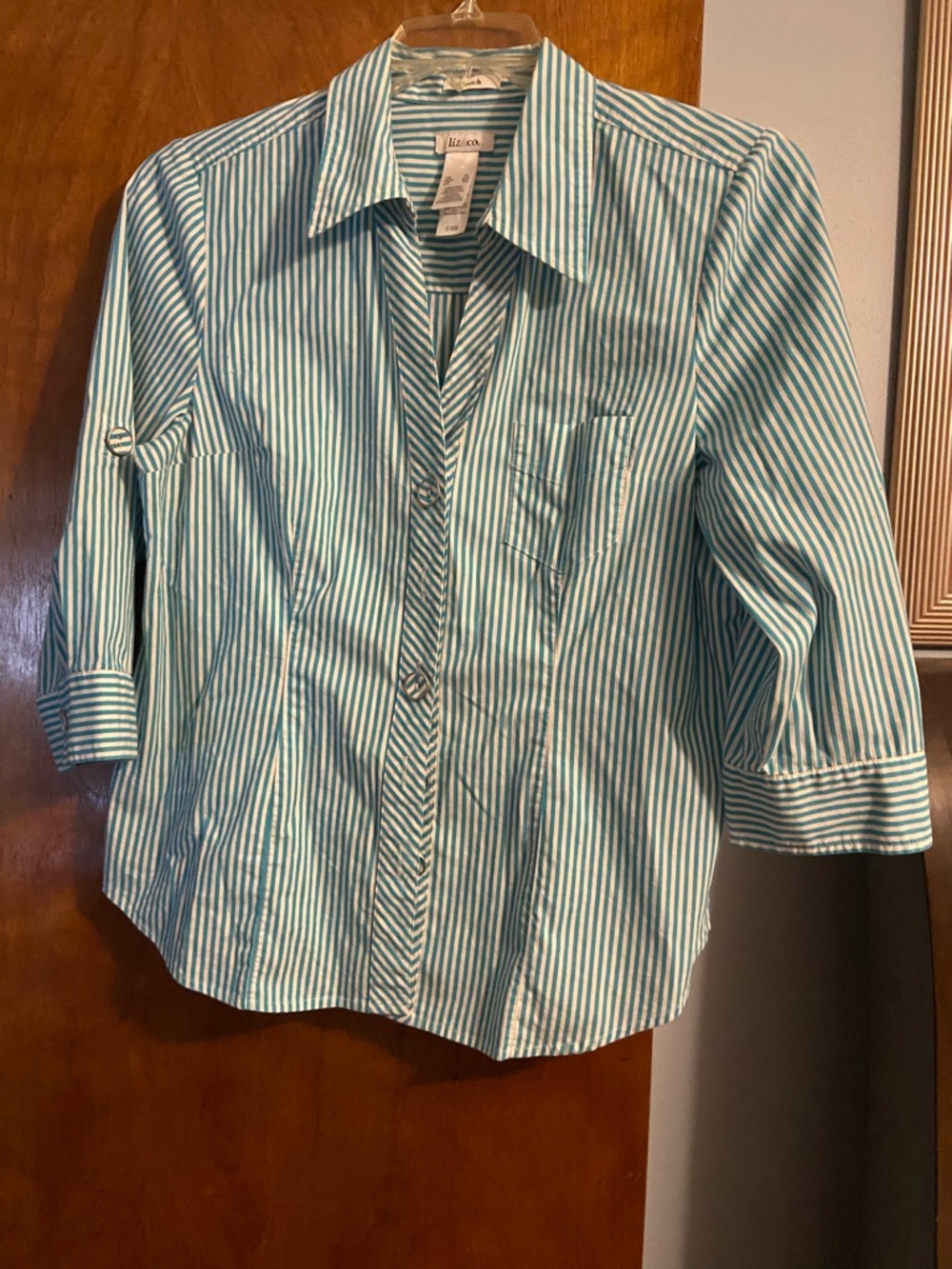 Liz Claiborne Teal and White Striped Button-Up Blouse